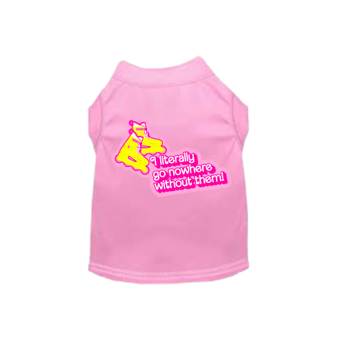 Pink dog T-shirt with neon pink skate graphic and slogan 'go nowhere without them'