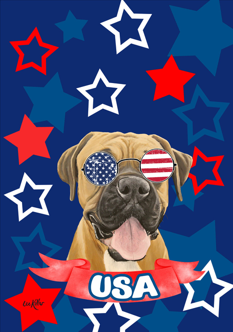 Patriotic USA house flag with boxer dog wearing round sunglasses and star graphics
