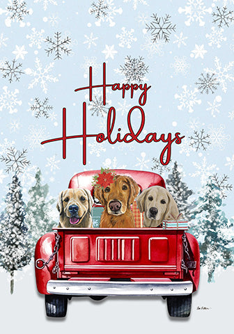Happy Holidays holiday garden flag with three dogs in a red pickup truck