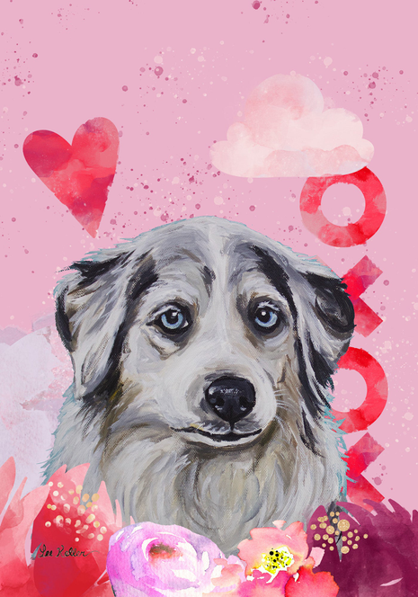 Australian Shepherd - Hippie Hound Studios Valentines  House and Garden Flags - Outdoor's