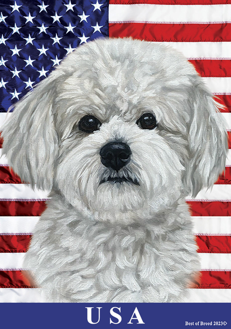 Outdoor dog portrait flag with white Maltipoo face and USA text