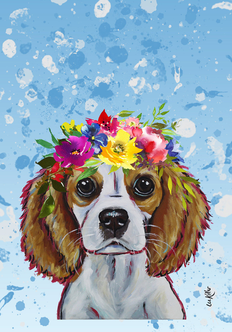 House and garden flag: dog portrait with colorful flower crown