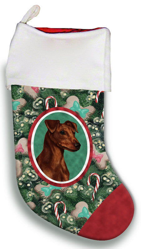 Dog portrait Christmas stocking with red cuff and green floral pattern, hanging loop