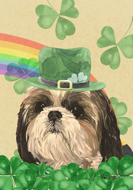 Garden flag featuring a Shih Tzu portrait with green hat and shamrock clovers