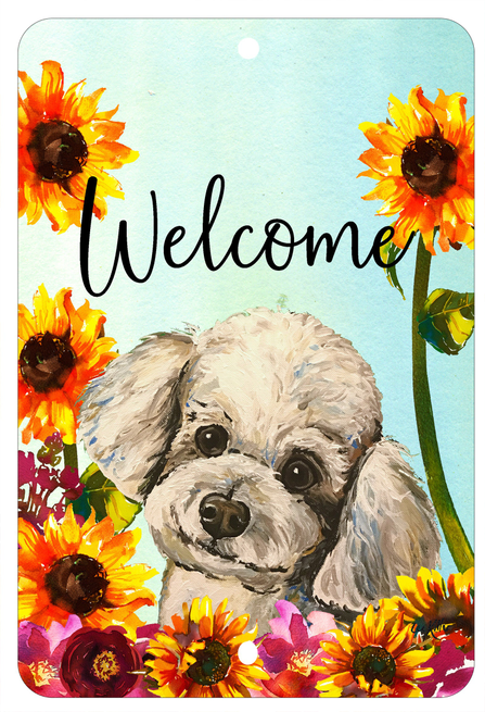 Welcome indoor/outdoor aluminum sign with white dog face and bright sunflower border