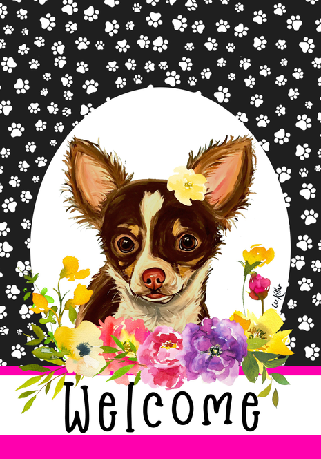 Chihuahua welcome garden flag with colorful flowers and paw-print border