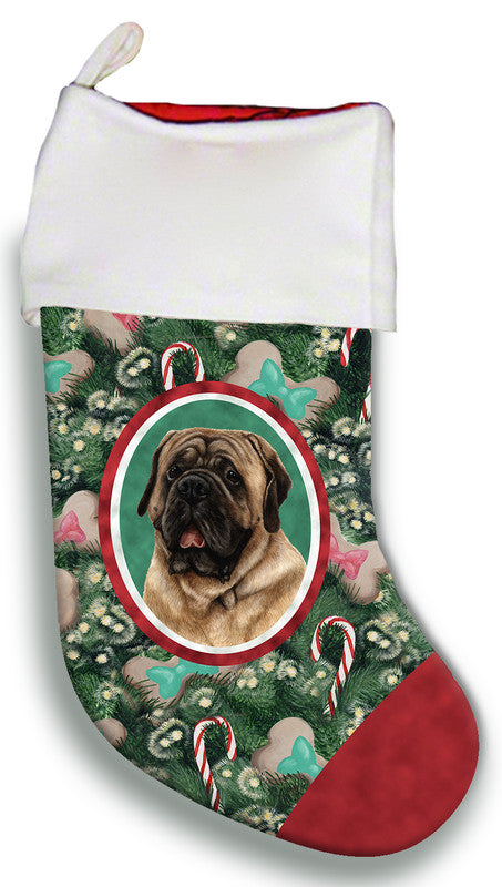 Christmas stocking with green floral pattern, circular fawn mastiff portrait, red cuff