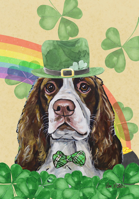 Garden flag featuring a brown and white dog wearing green hat and bow tie with shamrocks.