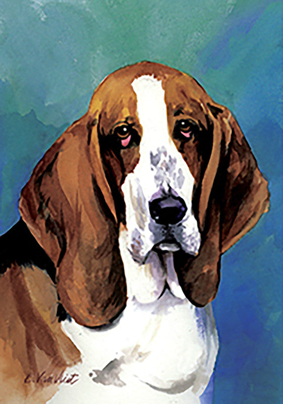 Basset hound outdoor portrait flag with brown and white dog close-up