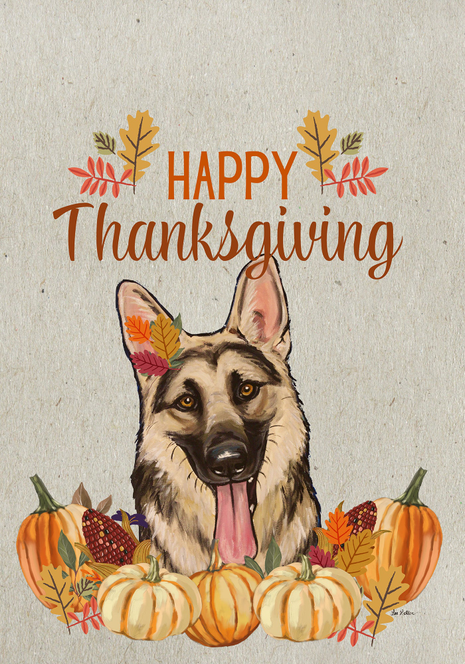 Thanksgiving decorative garden flag with German Shepherd, pumpkins, and “Happy Thanksgiving” text