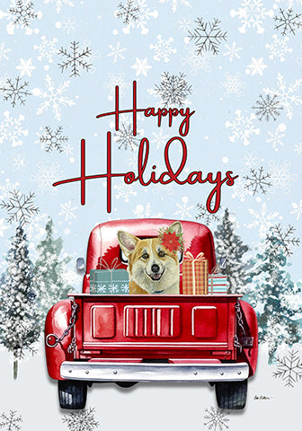 Happy Holidays holiday garden flag with corgi in red pickup truck illustration
