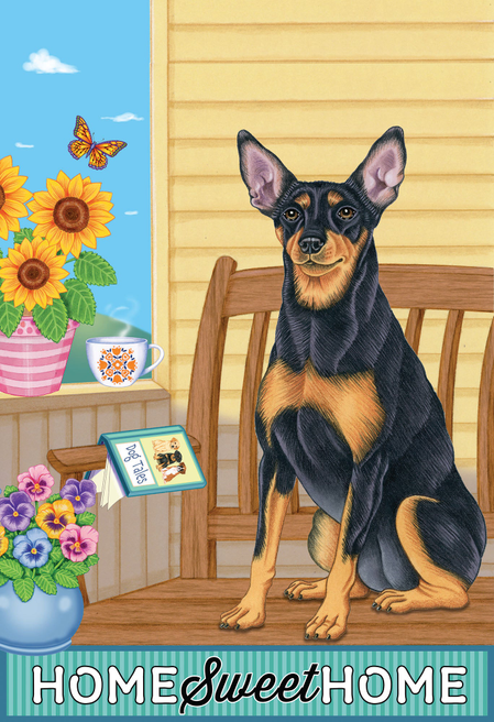 Black and tan miniature pinscher garden flag with “Home Sweet Home” text