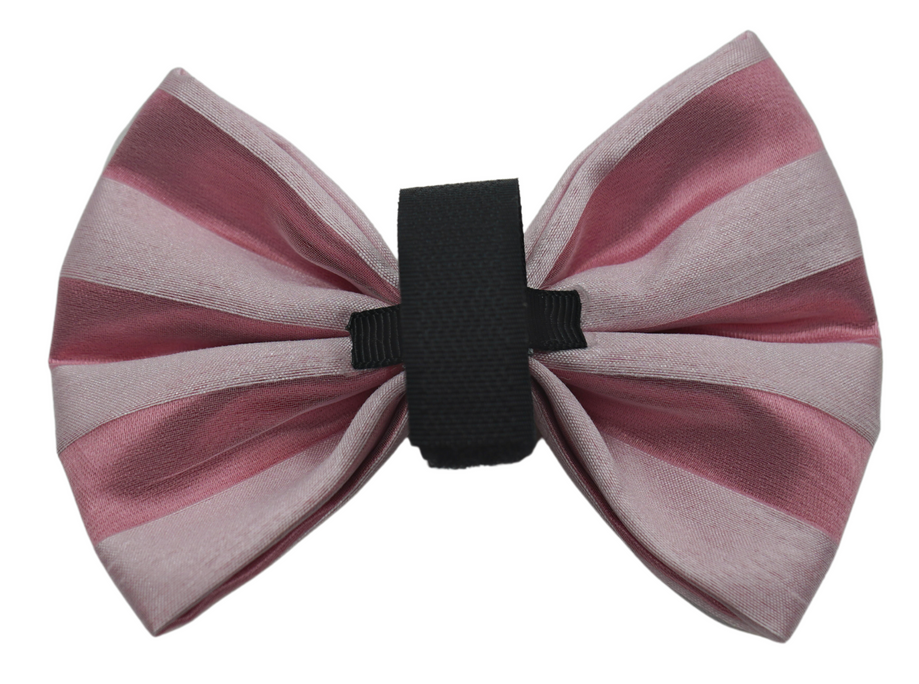 Striped fabric pet bow ribbon with burgundy and blush bands, black center clip