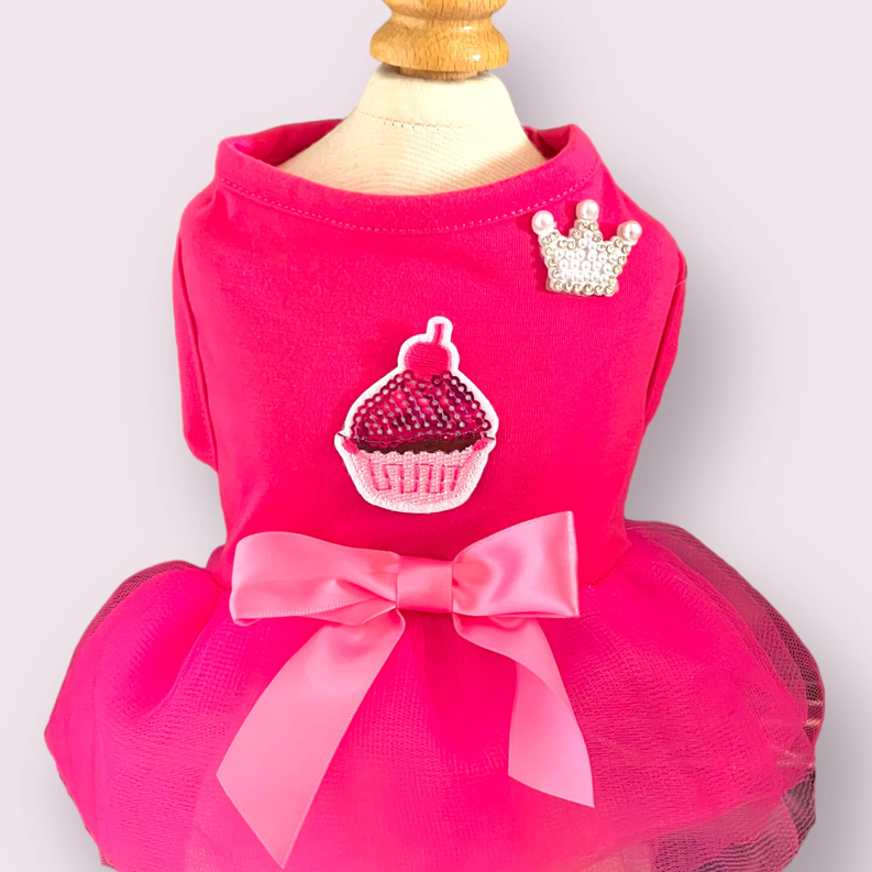 Hot pink dog party dress with cupcake applique, crown patch, and pink satin bow