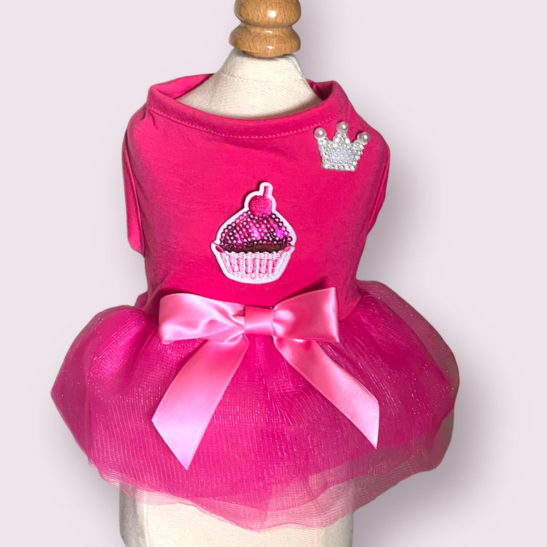 Hot pink dog dress with cupcake and crown embellishments, layered tulle skirt, satin bow