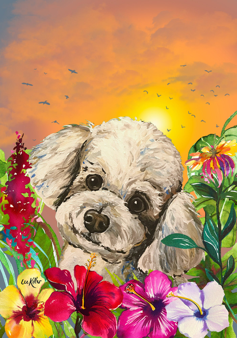 Tropical garden flag with Maltese dog and colorful flowers