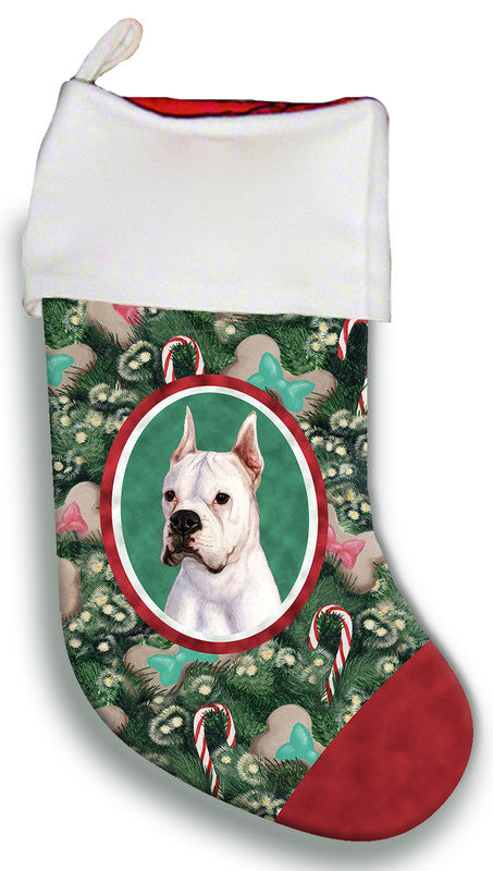 Boxer dog face Christmas stocking with white cuff and red heel
