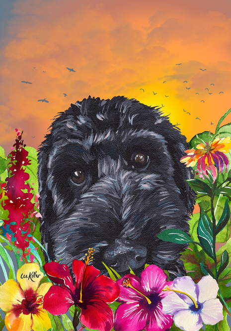 Garden flag featuring a black Labradoodle head with tropical flowers and leaves