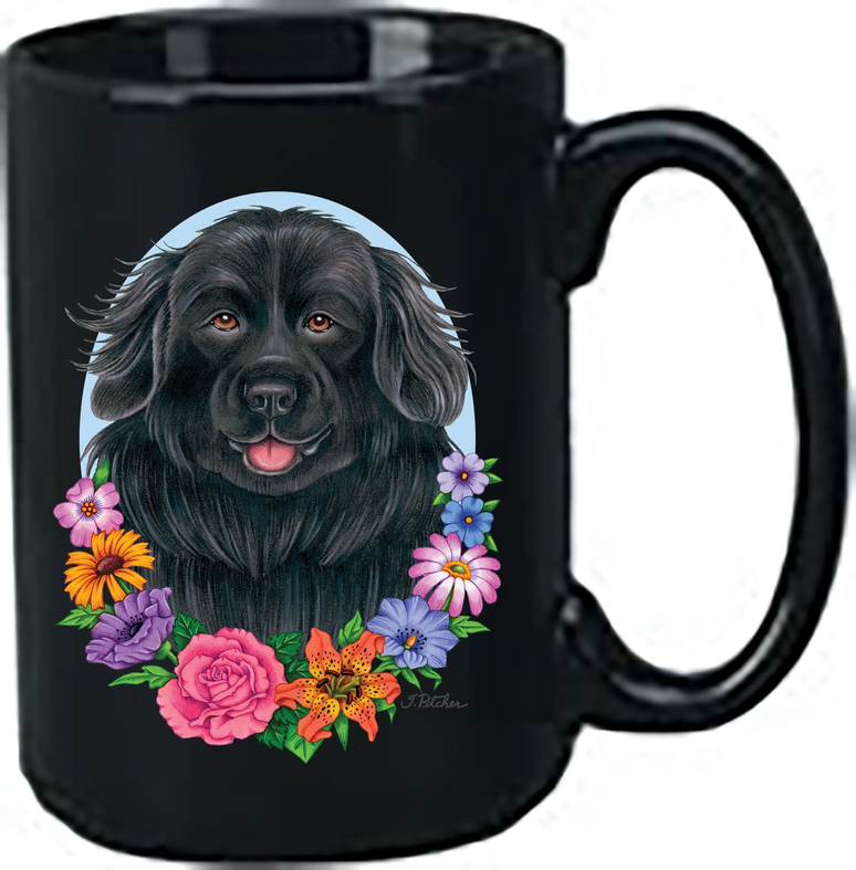 Black ceramic coffee mug with Newfoundland dog portrait and colorful flower wreath