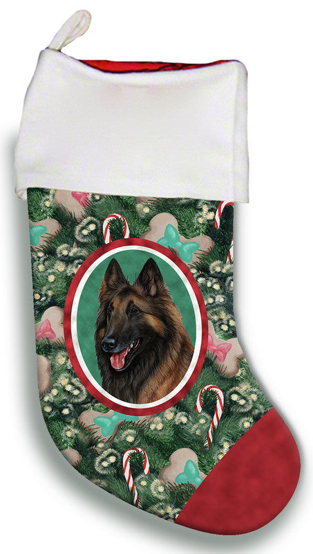 Christmas stocking with white cuff, green panel with Belgian Tervuren face badge, red heel/toe.