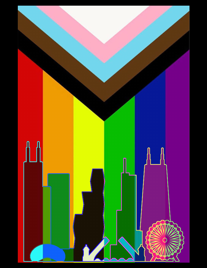 Rainbow V chevron over skyline in bright multicolor illustration