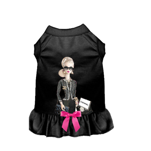 Black dog dress with sleeveless top, ruffled hem, and doll graphic with pink bow