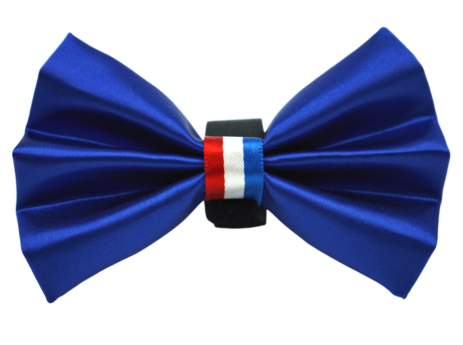 Blue satin pet bow ribbon with red and white stripe center on a black band