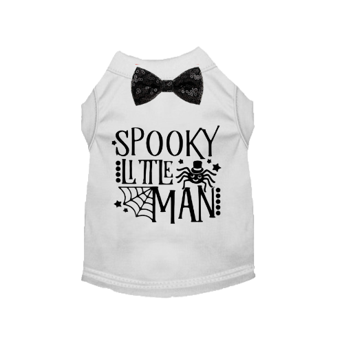 White dog shirt with black bow tie and spooky web 'Spooky Little Man' print