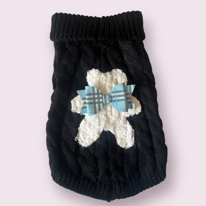 Black chenille dog turtleneck sweater with bear face applique and blue plaid bow