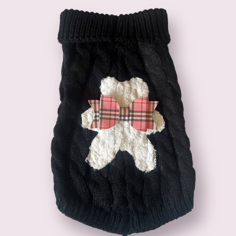 Black chenille dog turtleneck sweater with bear face applique and red plaid bow