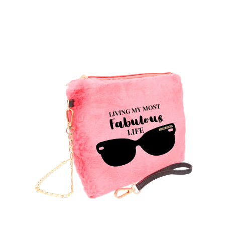 Pink faux-fur dog treat pouch with zipper, sunglasses graphic, and gold chain strap
