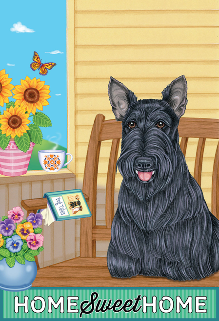 Garden flag with dark gray dog portrait and “HOME Sweet HOME” text, teal border.