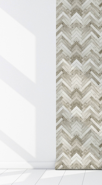 Wood-look herringbone peel-and-stick vinyl wallpaper panel, light gray
