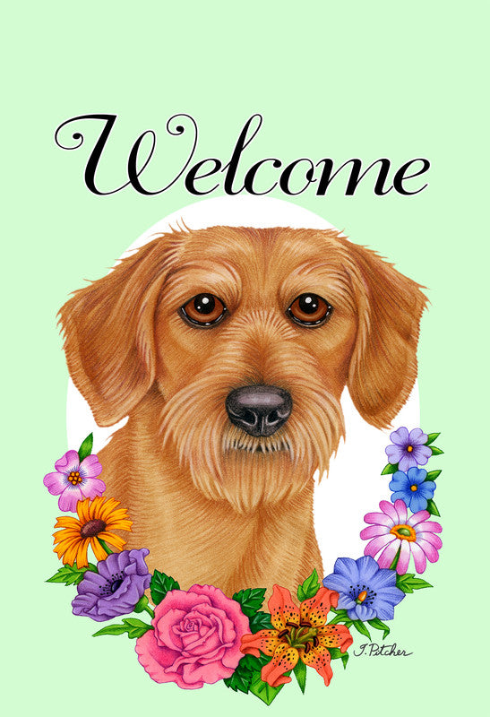 Dachshund Wheaten Wirehair - Best of Breed Welcome Flowers Garden Flag - Outdoor's
