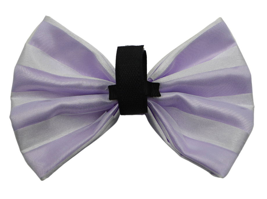 Purple and silver striped fabric bow with black center band, side view