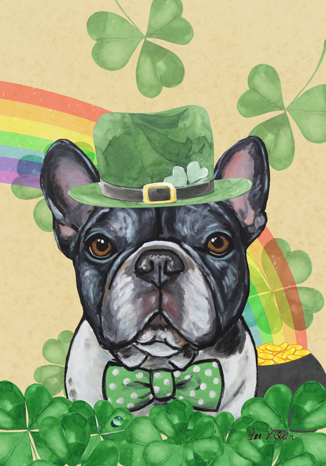 French Bulldog house flag with black-and-white pup wearing green hat and bow tie