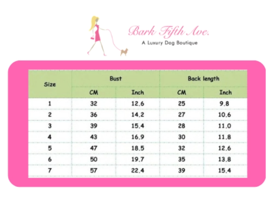 Dog dress size chart with bust and back length measurements (CM, inches)