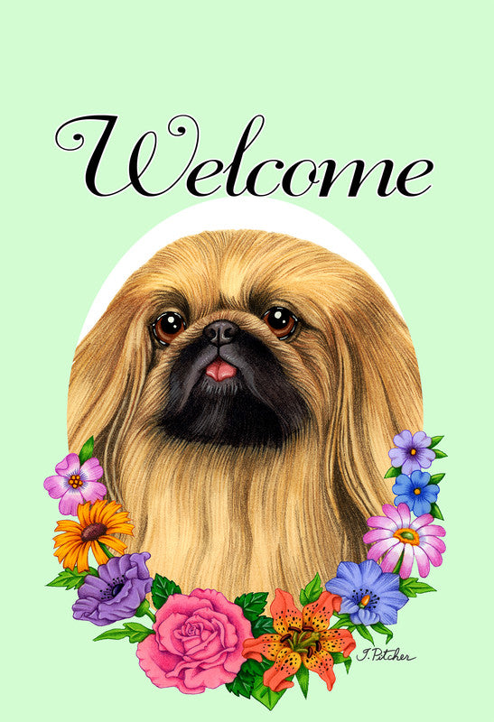 Garden flag with Pekingese dog face and floral wreath around “Welcome”