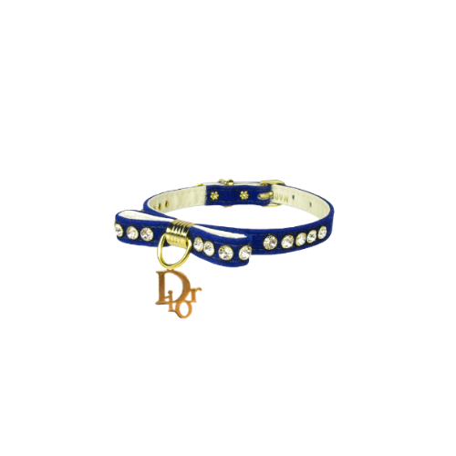 Blue velvet dog collar with rhinestone trim, gold D-ring, and Dior charm