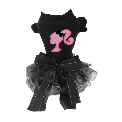 Black dog dress with ruffled sleeves, pink graphic, and layered mesh skirt with bow