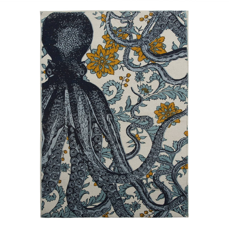 Octopus bath mat with blue and black octopus and orange floral pattern
