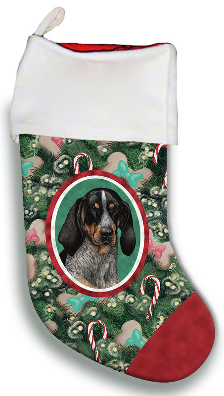 Christmas stocking with white cuff, green floral dog portrait panel, and red toe trim