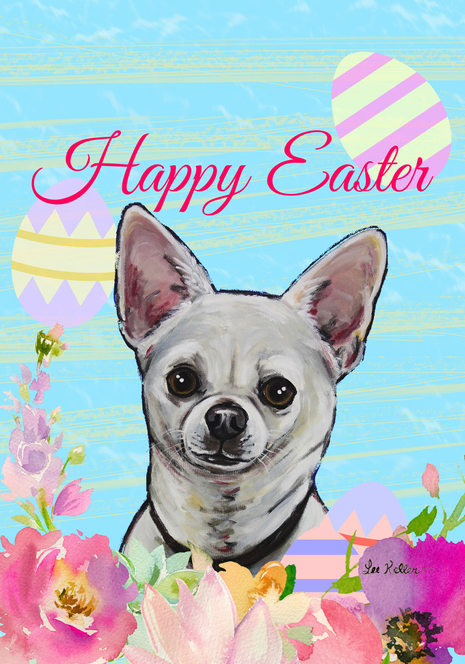 Easter garden flag with Chihuahua portrait, Happy Easter text, pastel eggs and flowers