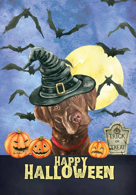 Halloween house flag with chocolate-brown dog wearing green witch hat, moon, bats, pumpkins
