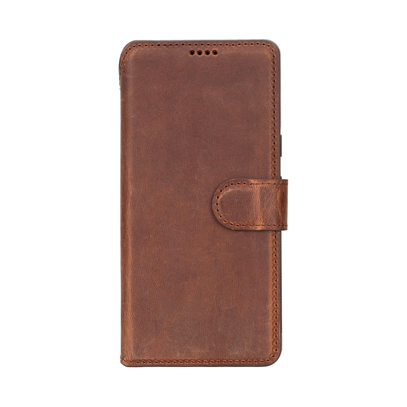 Dark brown leather detachable wallet phone case with stitched edges and hinged strap