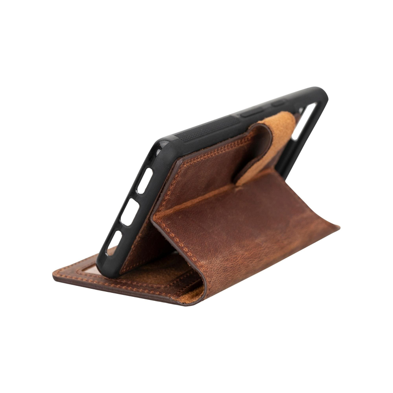 Dark brown leather detachable wallet phone case with open pocket and side card holder