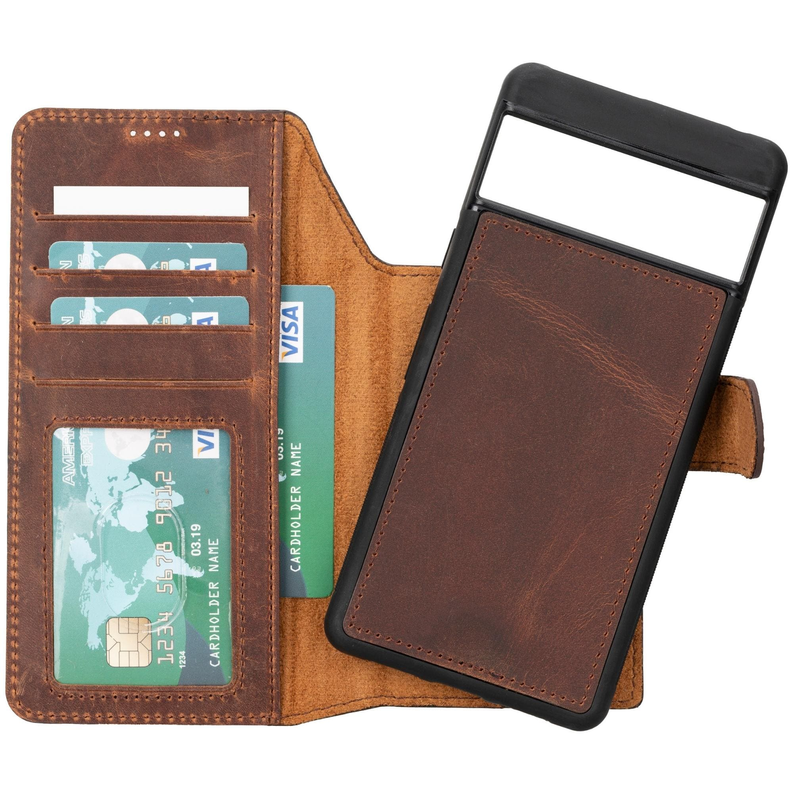 Dark brown leather wallet phone case open view with card slots and integrated phone cover