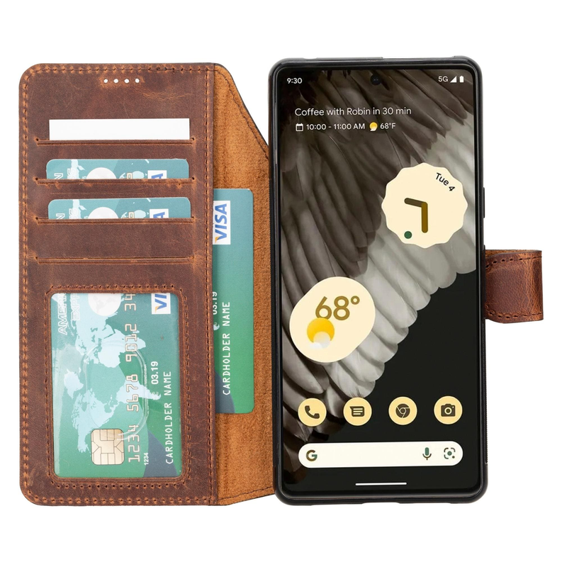 Dark brown leather wallet phone case with card slots and open front pocket