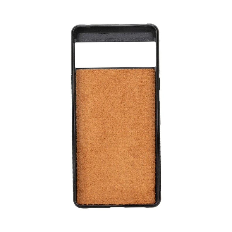 Wallet pocket interior with tan fabric lining inside dark brown leather phone case
