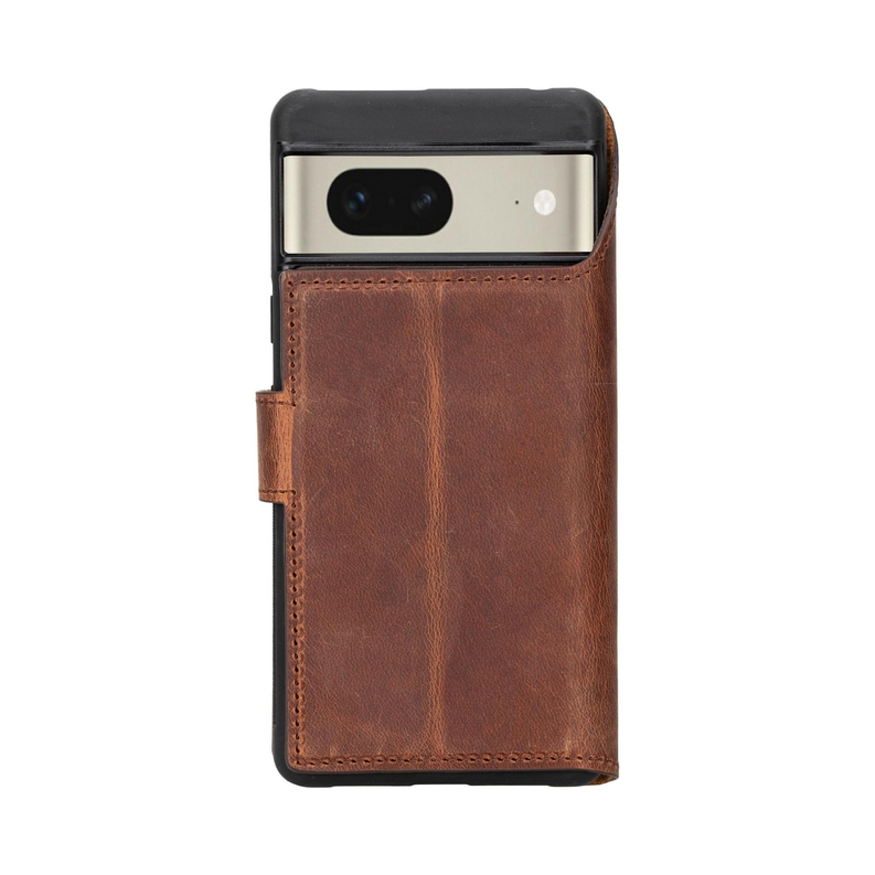 Dark brown leather wallet phone case back with camera cutout and stitched pocket